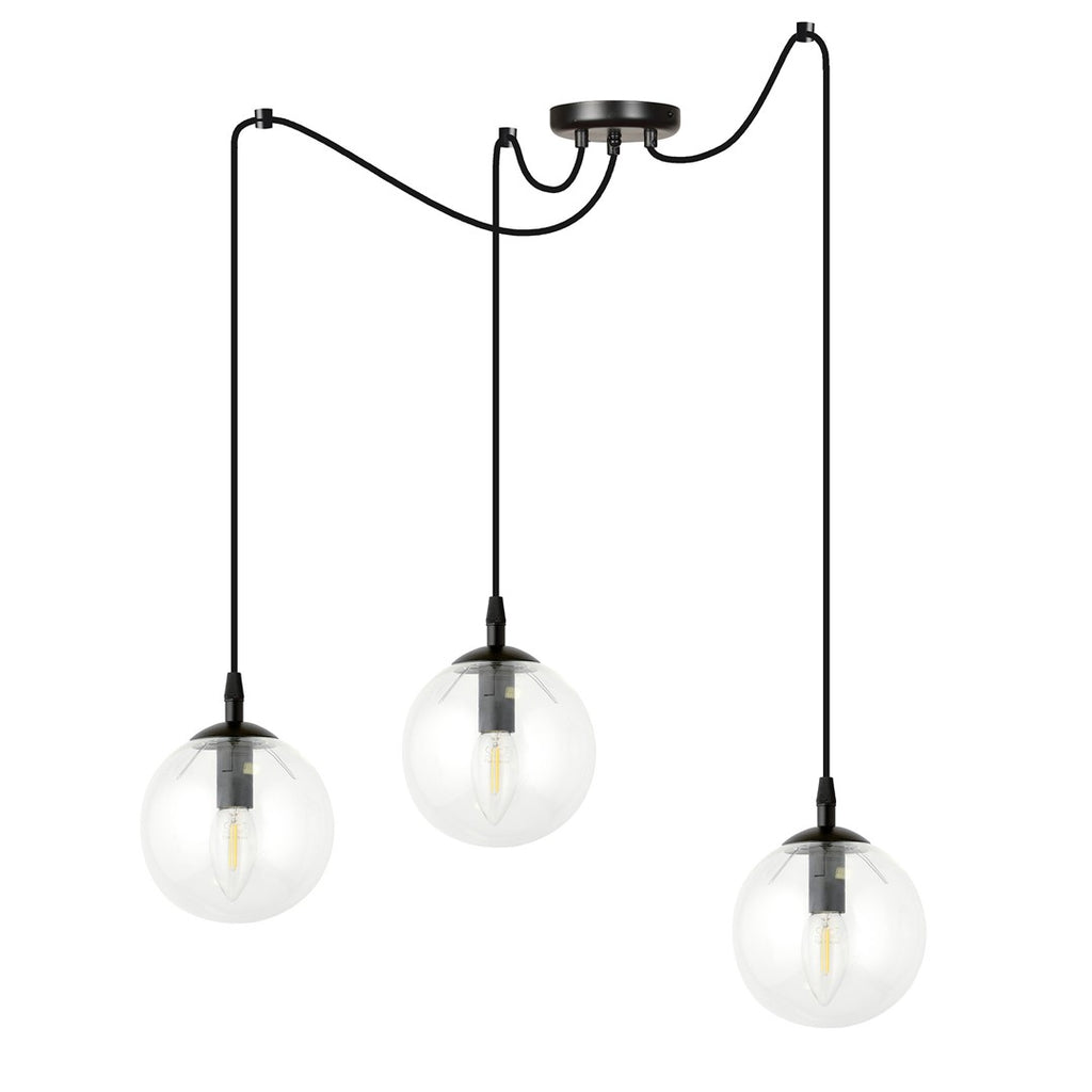 Hanglamp gepoedercoat staal en glas Gigi, zwart met transparante kappen, 3 lichtpunten, E14, in hoogte verstelbaar