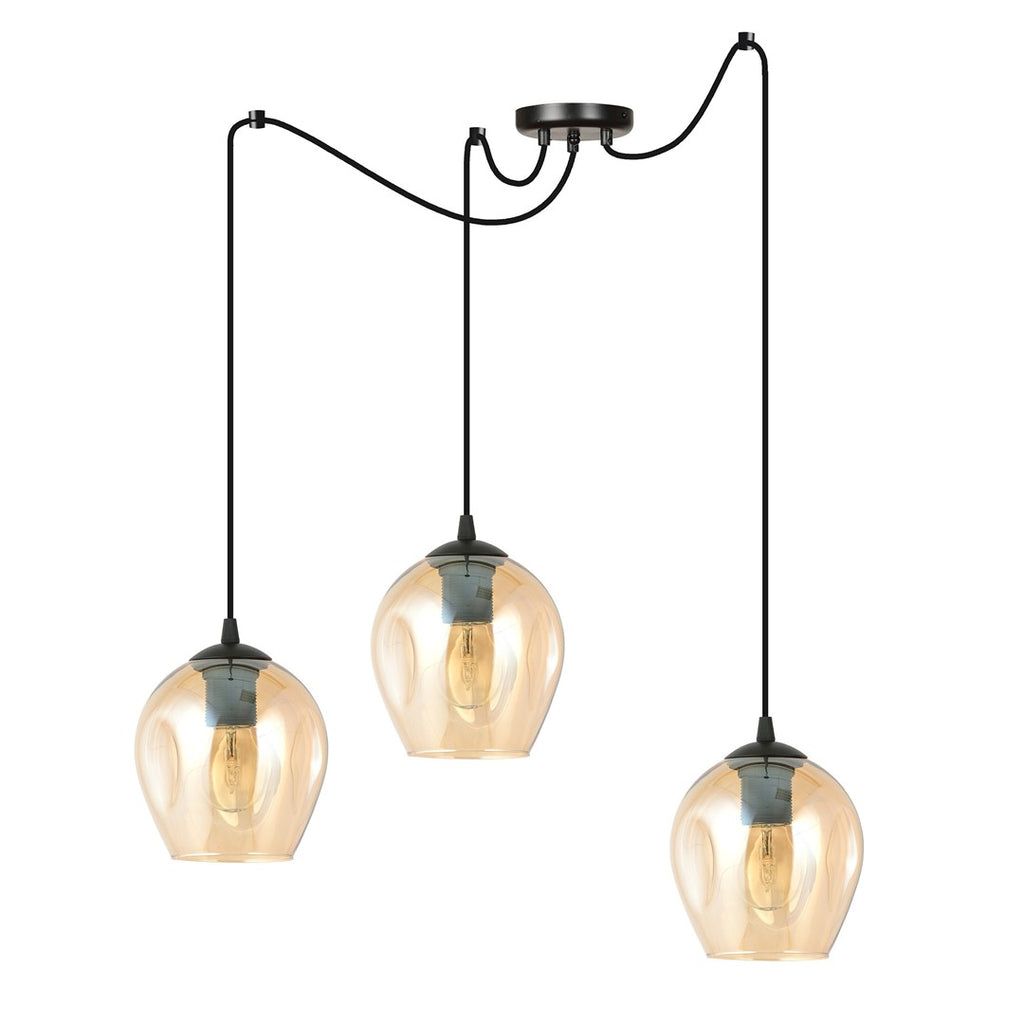 Hanglamp 3 lichts gepoedercoat staal en glas, model Level, zwart met amberkleurig glas, kap Ø 14 cm