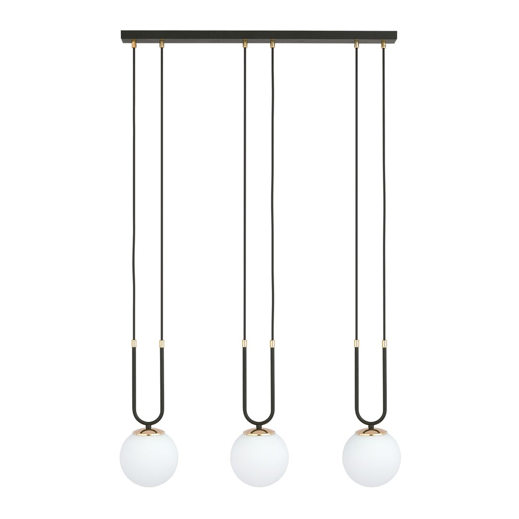 Hanglamp 3-lichts gepoedercoat staal en glas, retro Glam, zwart met witte glazen kappen Ø 15 cm, verstelbare hoogte