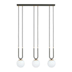 Hanglamp 3-lichts gepoedercoat staal en glas, retro Glam, zwart met witte glazen kappen Ø 15 cm, verstelbare hoogte