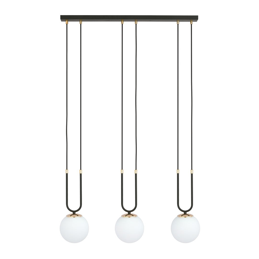 Hanglamp 3-lichts gepoedercoat staal en glas, retro Glam, zwart met witte glazen kappen Ø 15 cm, verstelbare hoogte