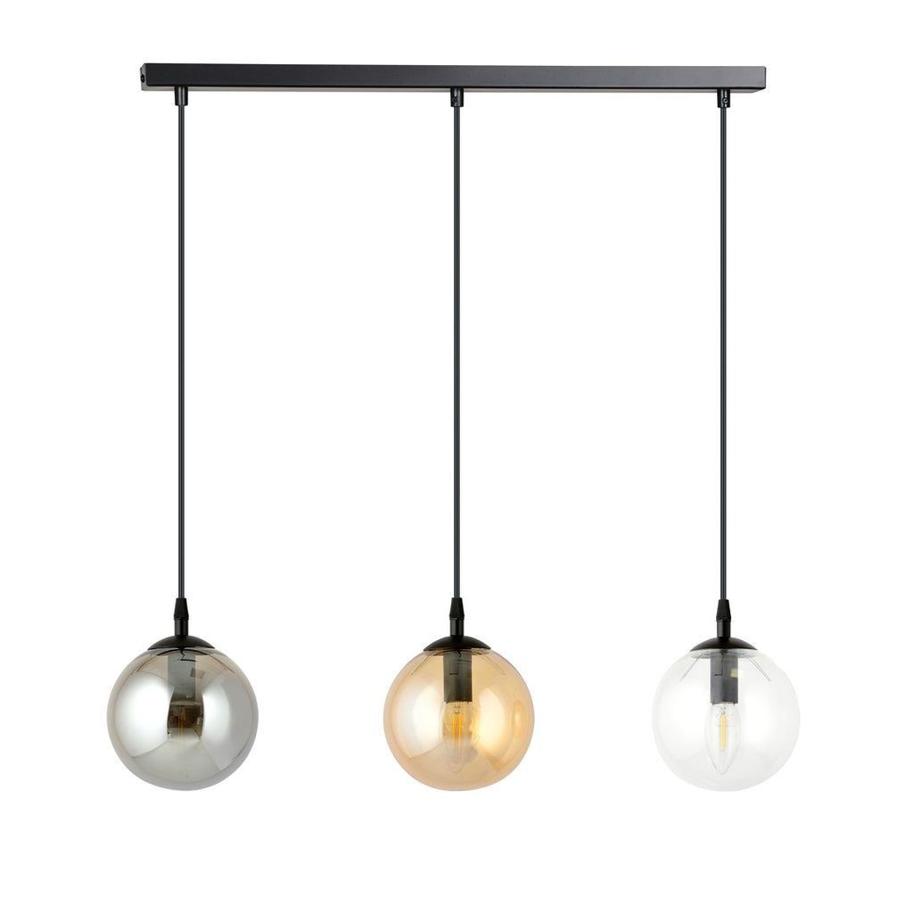 Hanglamp 3-lichts gepoedercoat staal en glas Cosmo, zwart met transparante, grafiet en amber kappen, 70 cm