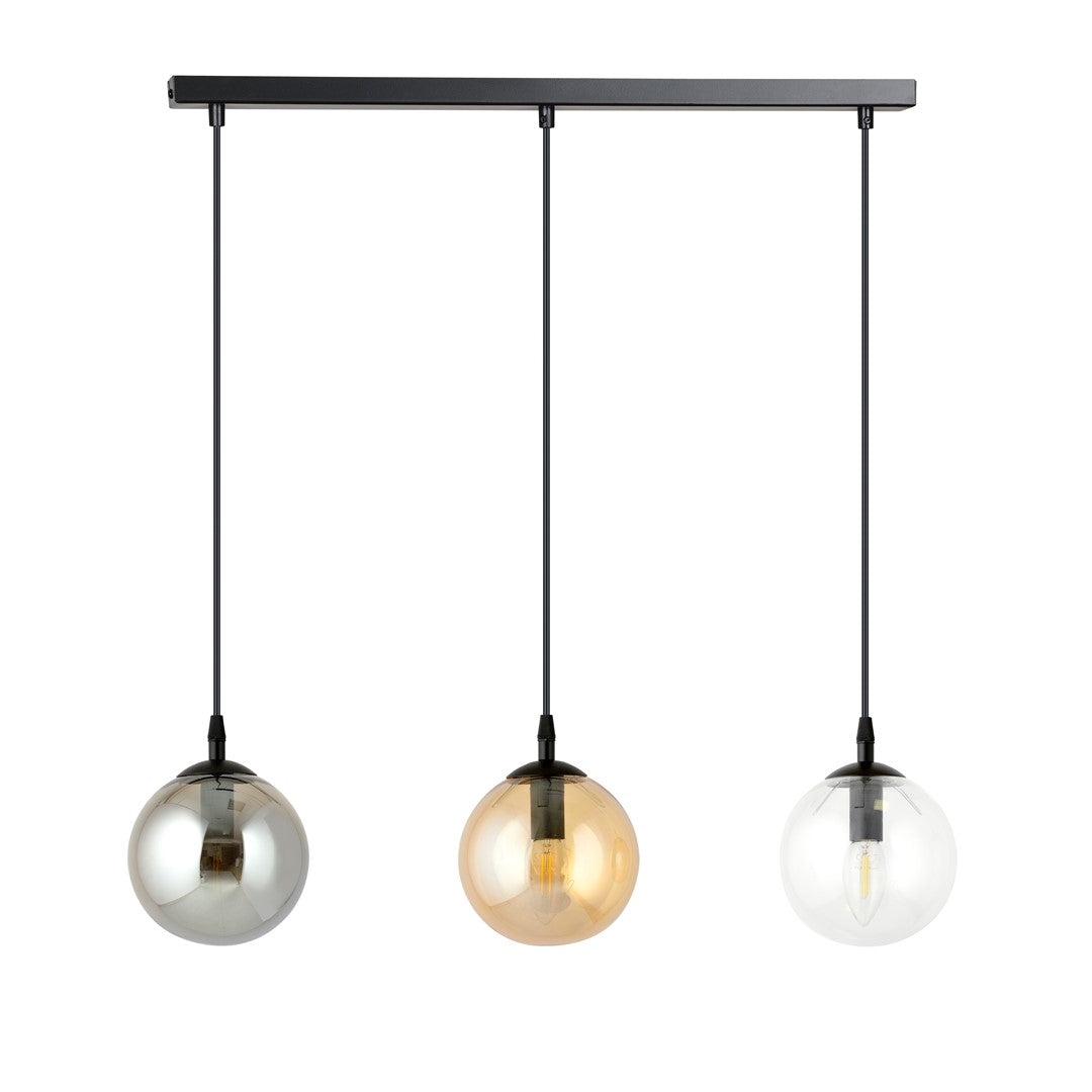 Hanglamp 3-lichts gepoedercoat staal en glas Cosmo, zwart met transparante, grafiet en amber kappen, 70 cm