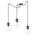 Hanglamp 3 lichts gepoedercoat staal en glas, modern, zwart met transparante kappen Ø 14 cm
