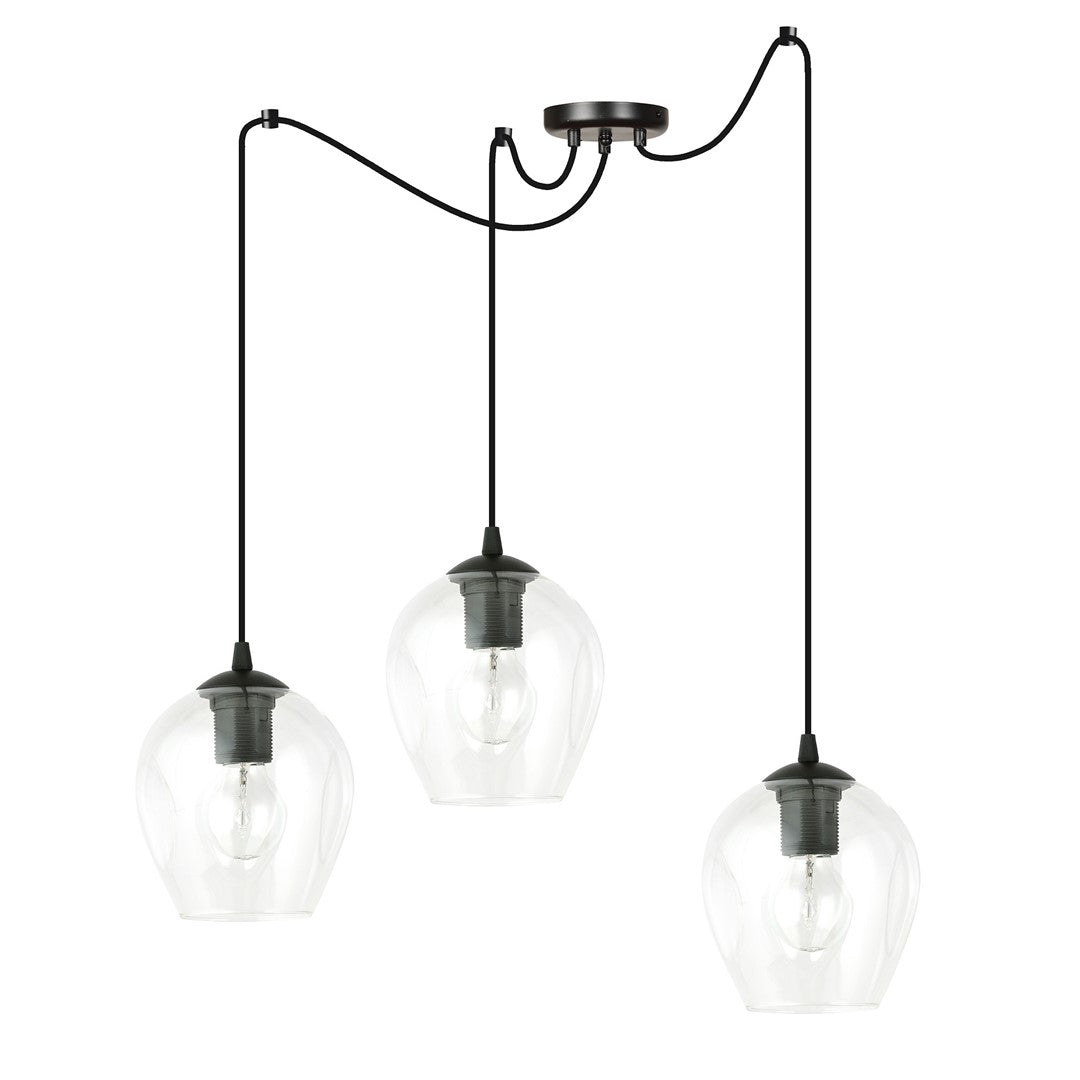 Hanglamp 3 lichts gepoedercoat staal en glas, modern, zwart met transparante kappen Ø 14 cm