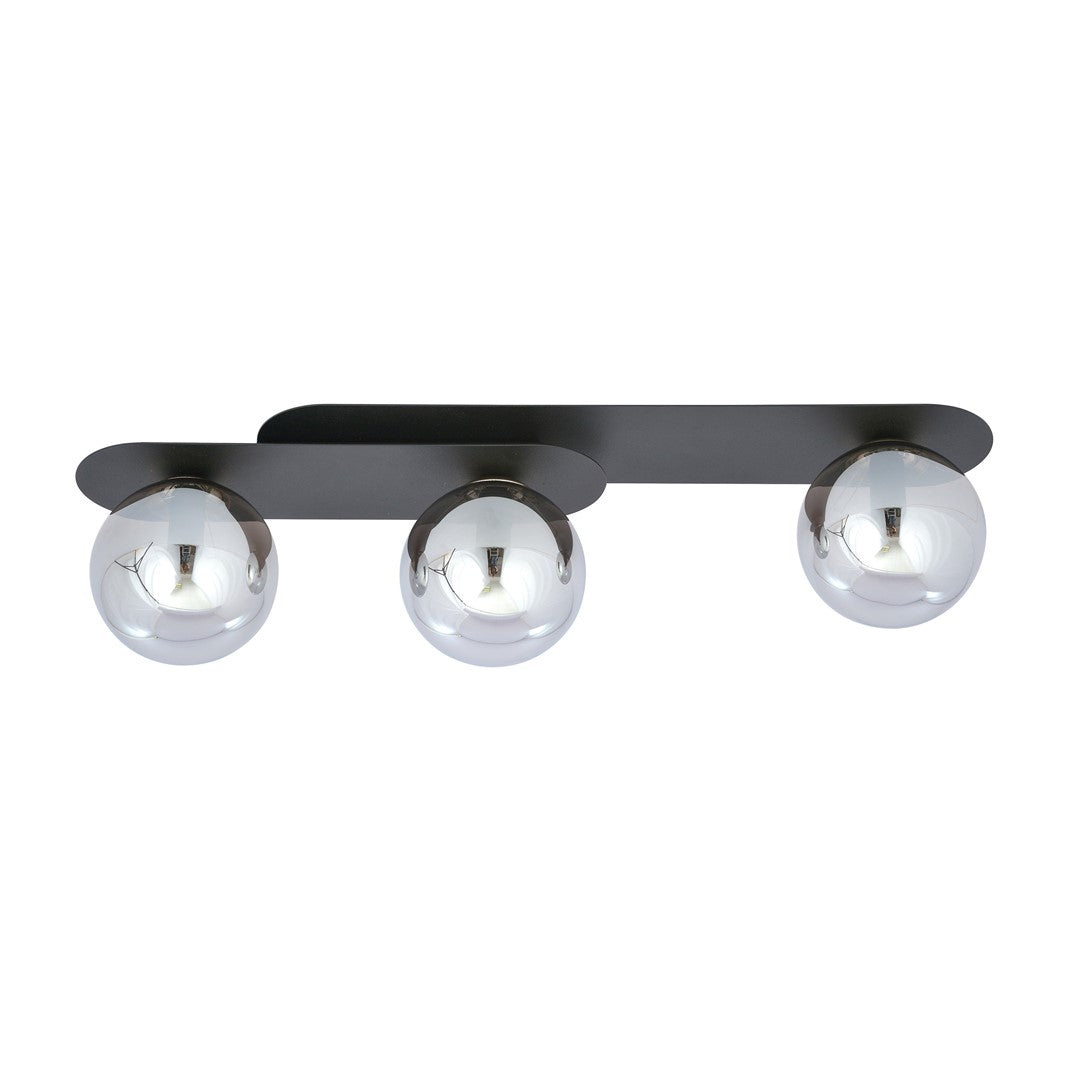 Plafondlamp gepoedercoat staal en glas Plaza, zwart met grafiet glazen kappen, 3 lichts, E14 – 70 x 18 cm