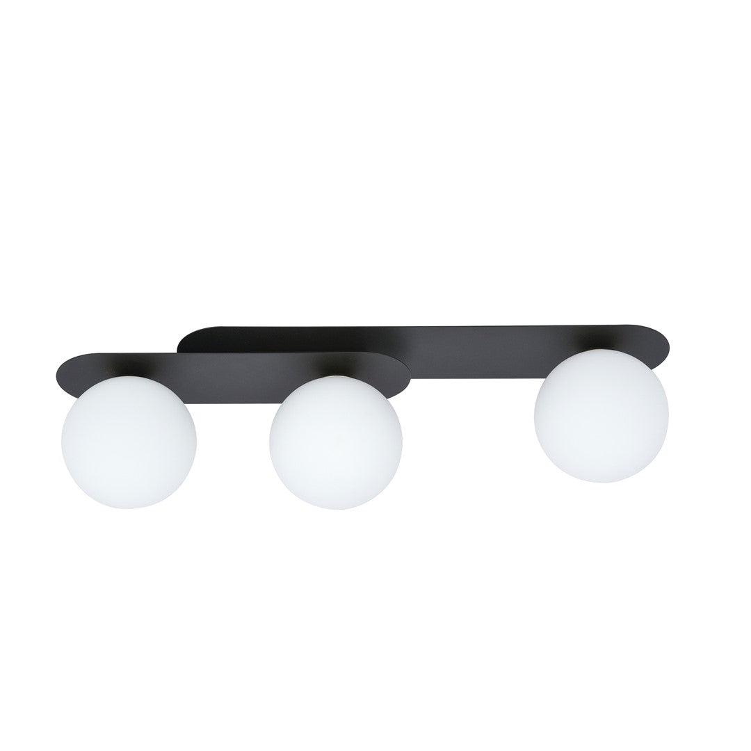 Plafondlamp Plaza gepoedercoat staal en glas, modern, zwart met witte glazen kappen, 3 lichts, 70 cm breed