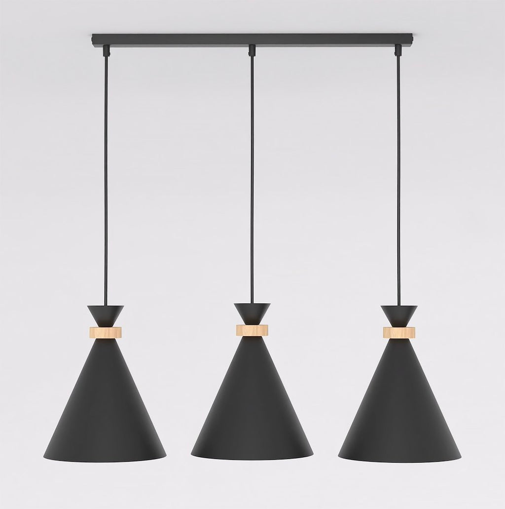 Hanglamp 3 lichts gepoedercoat staal en hout, Scandinavisch Zero, zwart, 78 cm, boven eettafel of keukeneiland