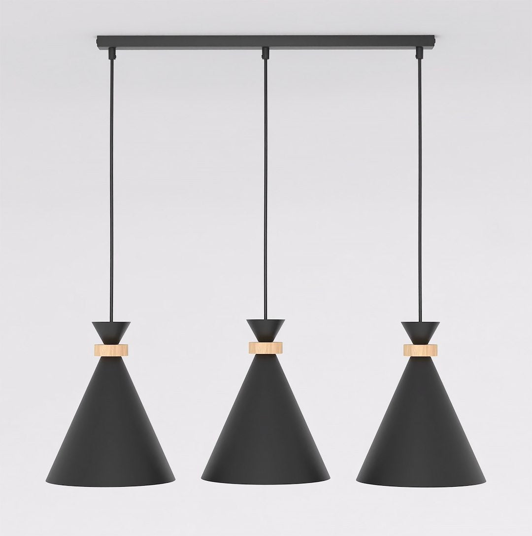 Hanglamp 3 lichts gepoedercoat staal en hout, Scandinavisch Zero, zwart, 78 cm, boven eettafel of keukeneiland