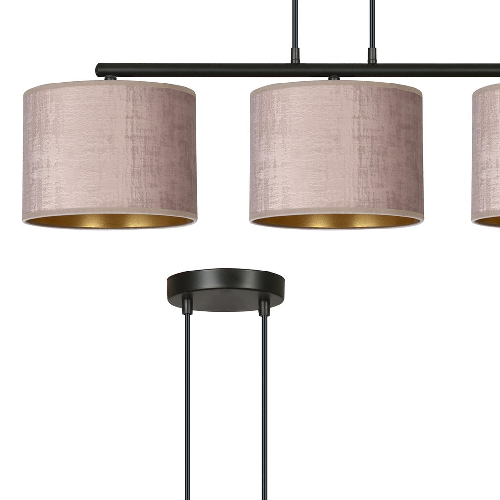 Hanglamp Hilde 3-lichts gepoedercoat staal met stoffen kappen, roze en zwart – 72 x 100 cm, eettafel
