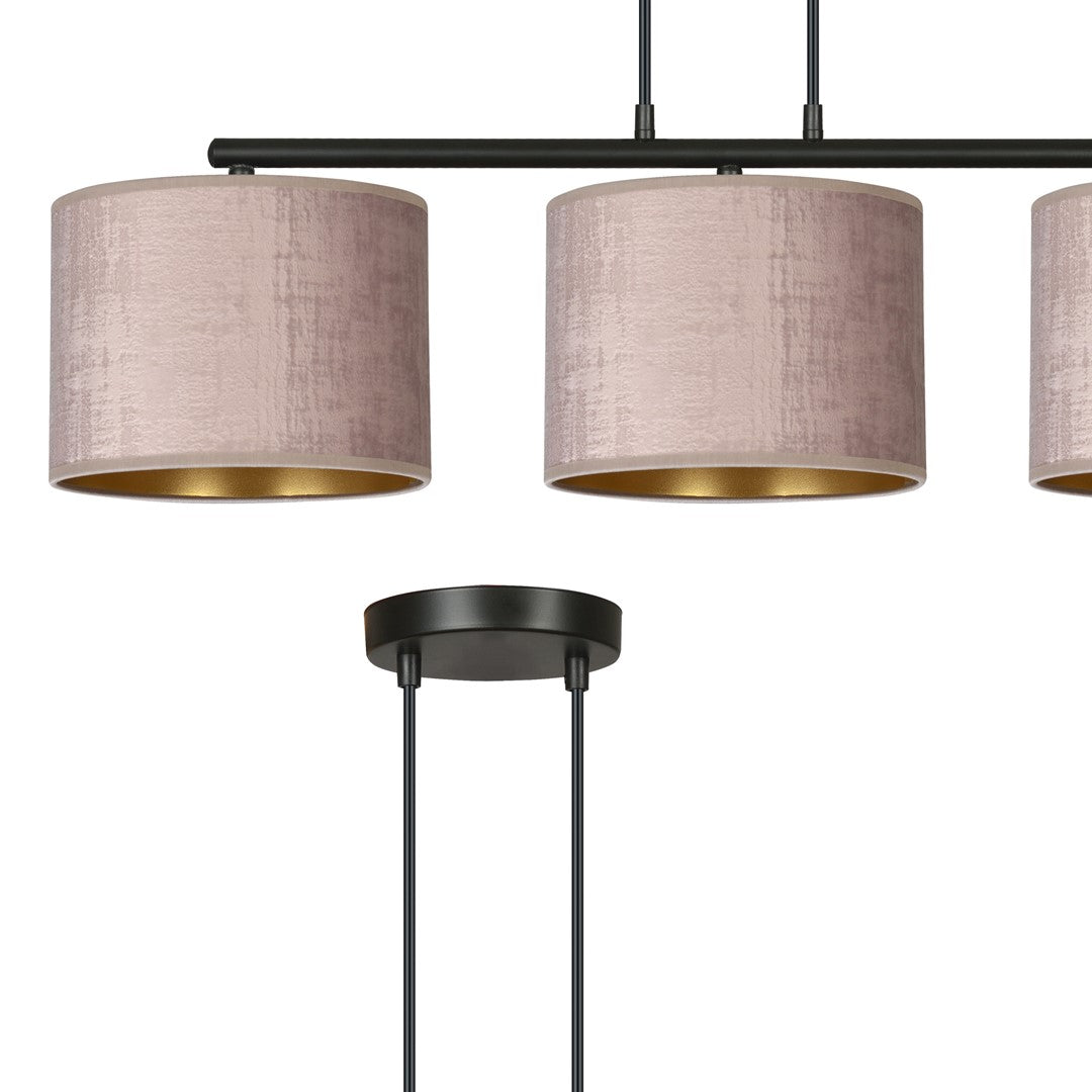 Hanglamp Hilde 3-lichts gepoedercoat staal met stoffen kappen, roze en zwart – 72 x 100 cm, eettafel