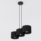 Hanglamp staal minimalistisch Eco, zwart met 3 stoffen kappen Ø 20 cm, 70 cm breed, voor eettafel en kookeiland