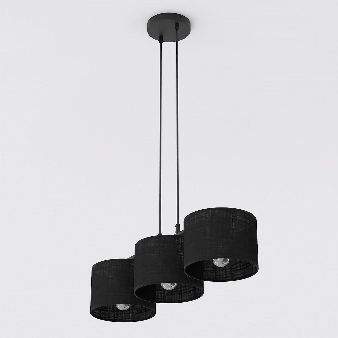 Hanglamp staal minimalistisch Eco, zwart met 3 stoffen kappen Ø 20 cm, 70 cm breed, voor eettafel en kookeiland