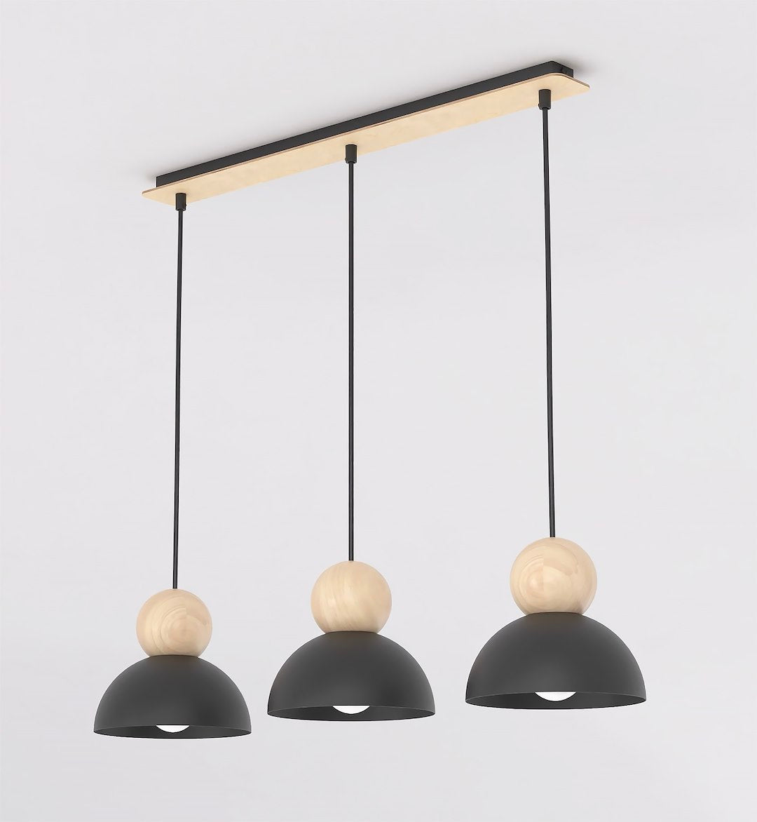 Hanglamp gepoedercoat staal met hout, Scandinavisch Kaki zwart, 3 fittingen E27, 73 cm breed