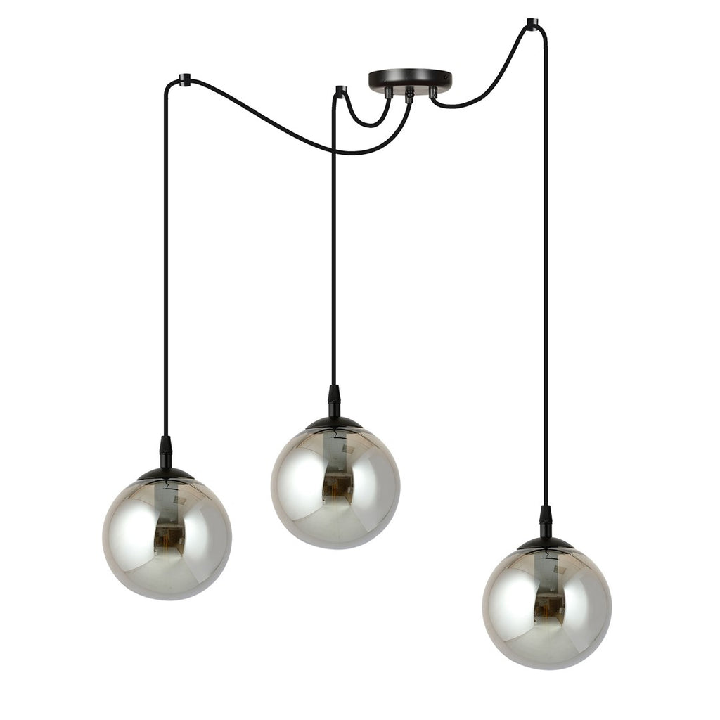 Hanglamp 3 lichts gepoedercoat staal en glas, modern Gigi, zwart met grafiet glazen kappen Ø 14 cm