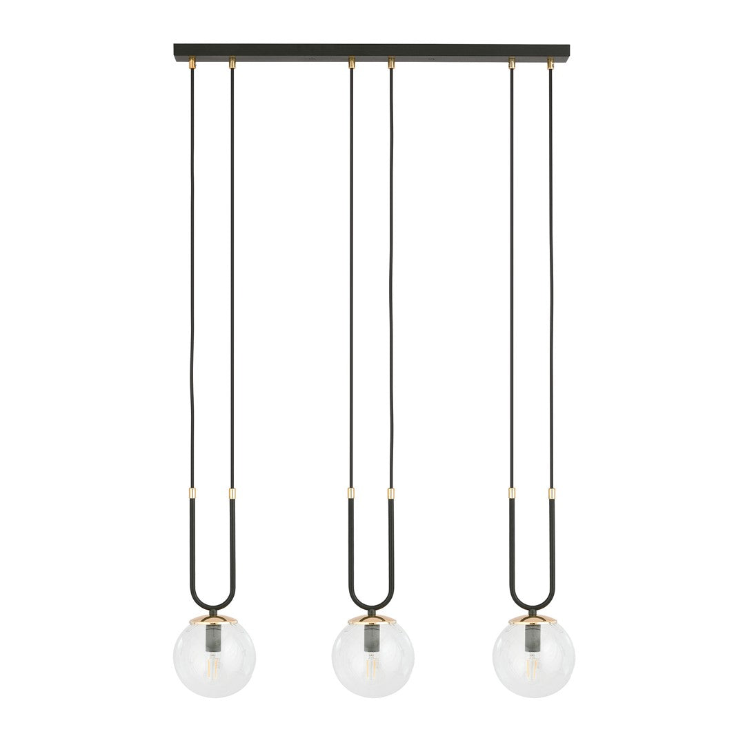 Hanglamp 3-lichts gepoedercoat staal en glas, retro glam, zwart met transparante kappen – 70 x 115 cm