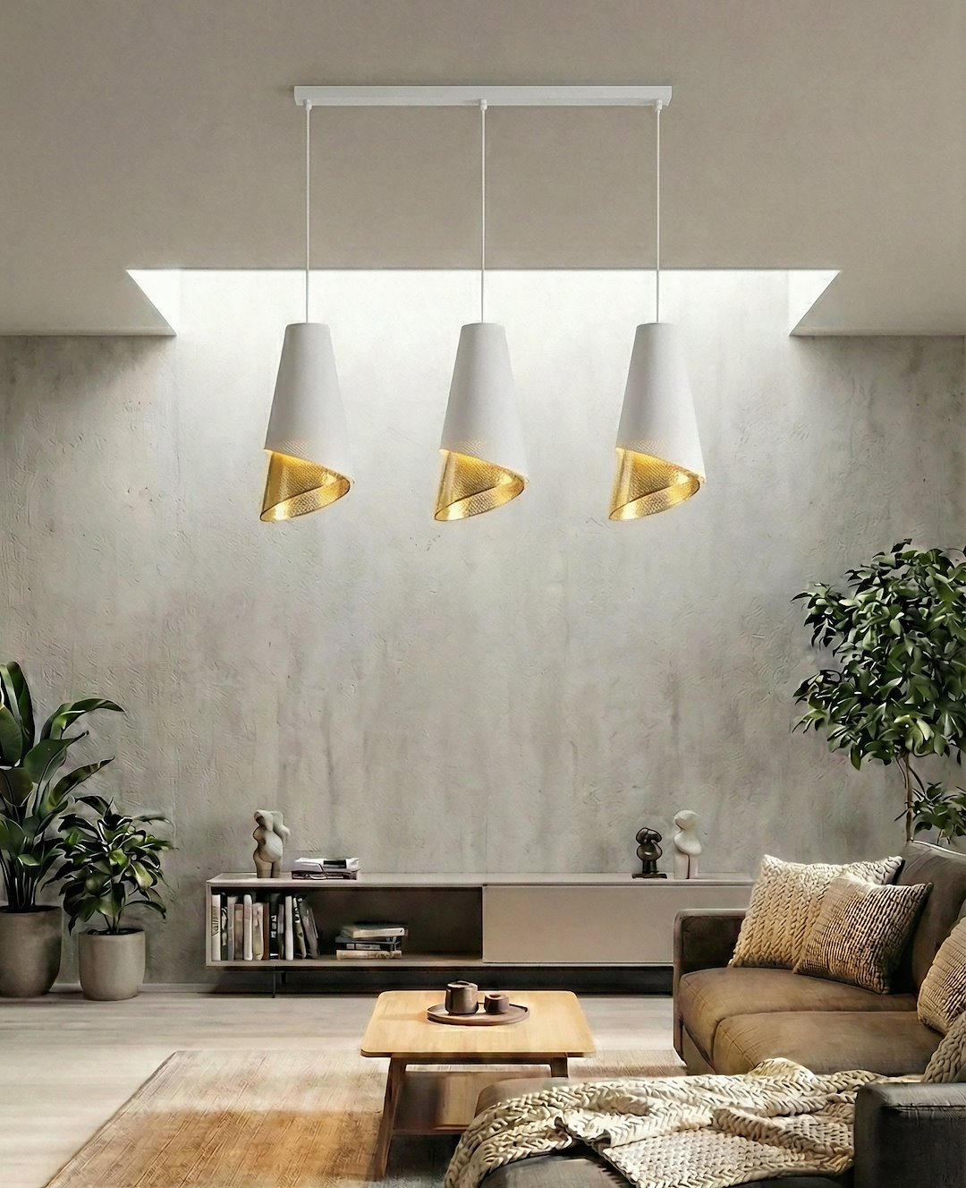 Hanglamp 3-lichts gepoedercoat staal met stoffen kap, modern, wit en goud, 95 cm, voor woonkamer en eetkamer