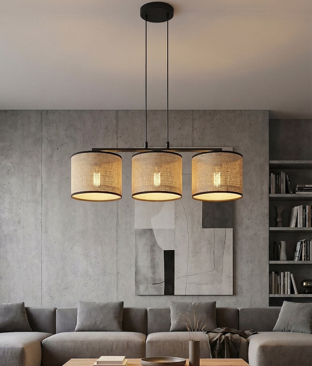 Hanglamp 3-lichts rotan gepoedercoat staal minimalistisch Eco zwart, kap Ø 20 cm – 70 cm breed, eettafel en kookeiland