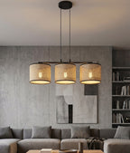 Hanglamp 3-lichts rotan gepoedercoat staal minimalistisch Eco zwart, kap Ø 20 cm – 70 cm breed, eettafel en kookeiland