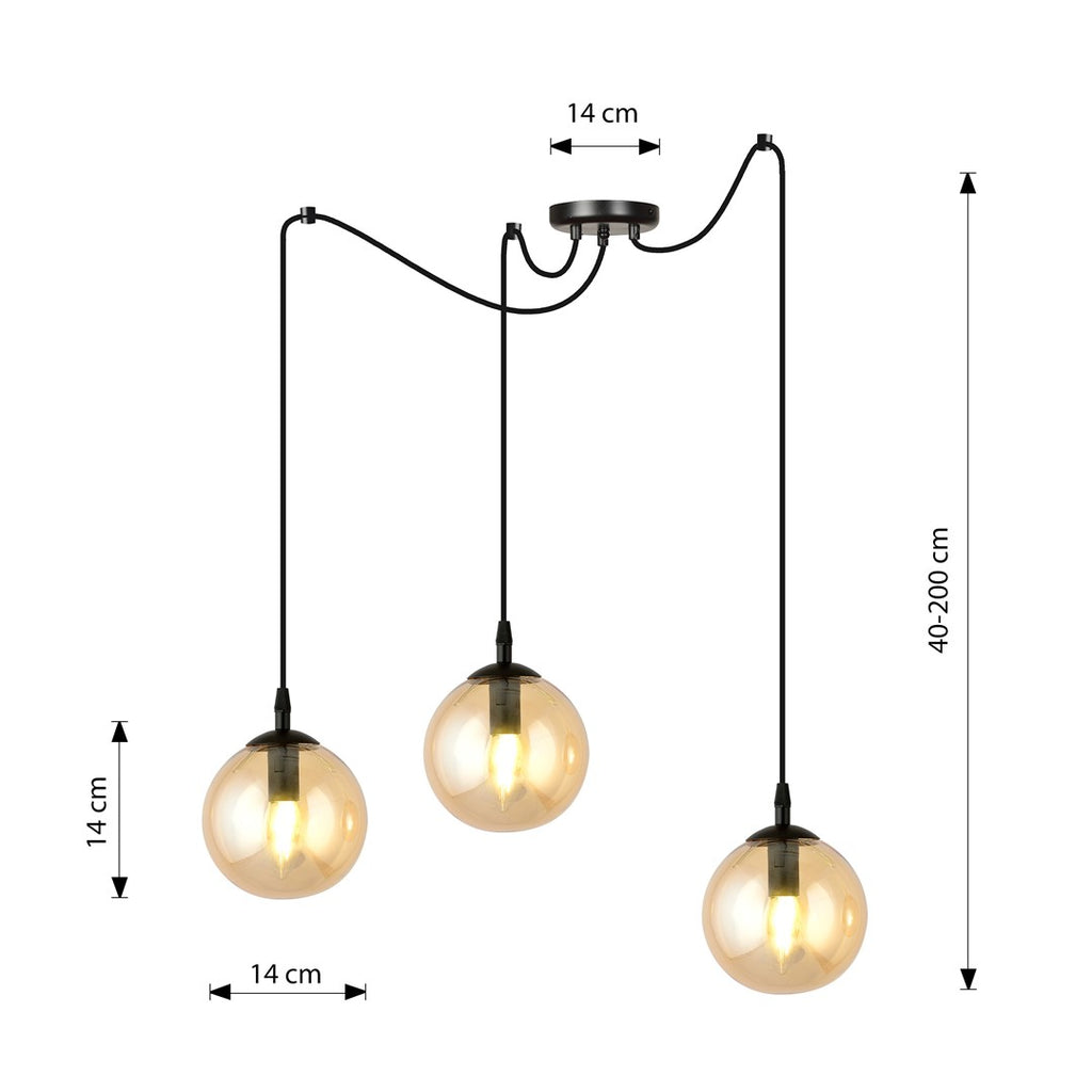 Hanglamp gepoedercoat staal en glas Gigi 3 lichts, zwart met amberkleurige glazen kappen Ø 14 cm