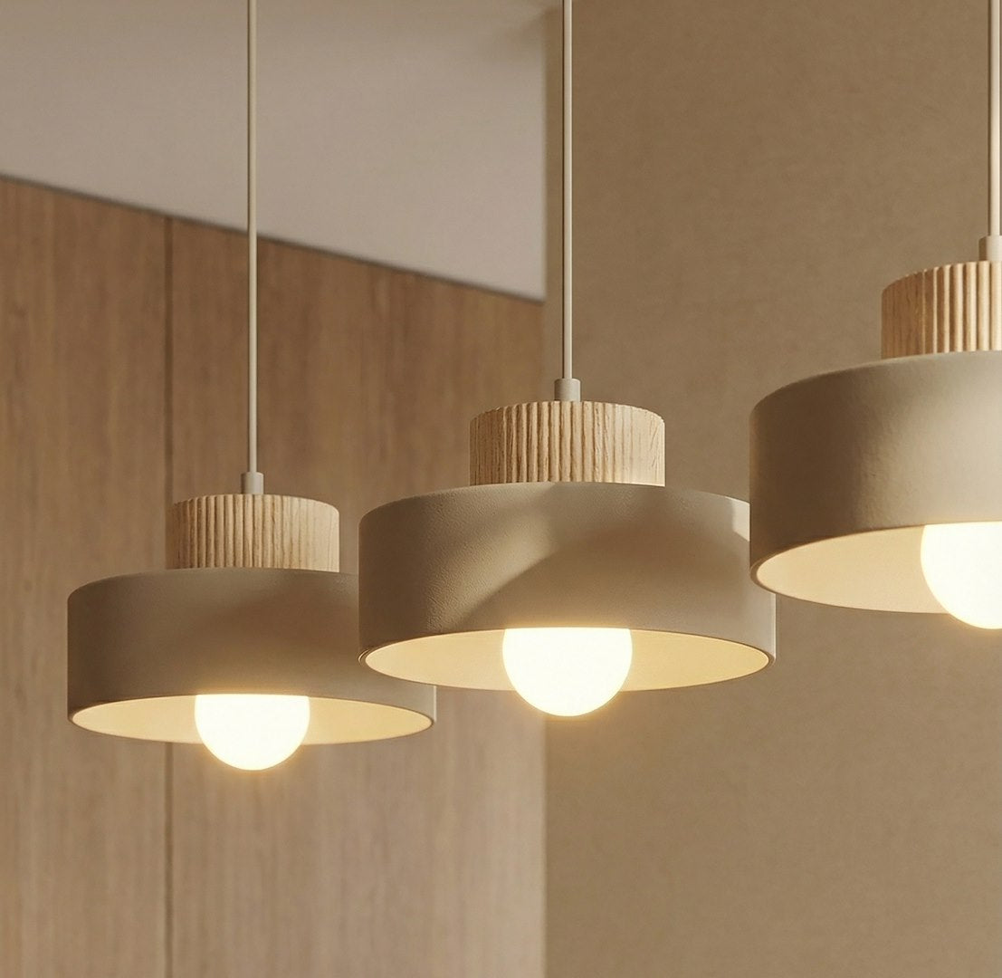 Hanglamp gepoedercoat staal en hout Kivi, beige, 3 lichts, 73 x 20 cm, E27, woonkamer en eetkamer