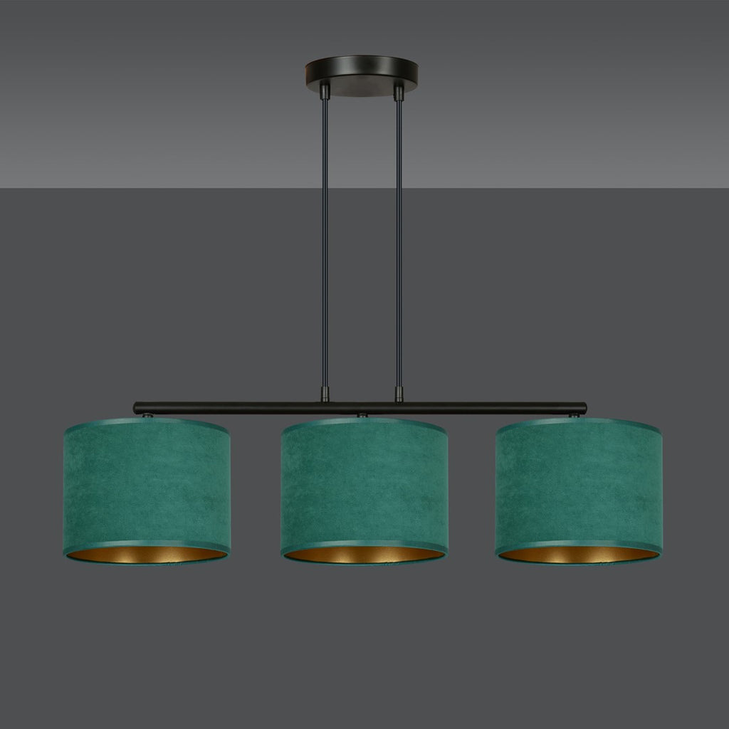 Hanglamp gepoedercoat staal en stof Hilde minimalistisch groen met 3 kappen, 72 x 100 cm, eettafel keuken hal