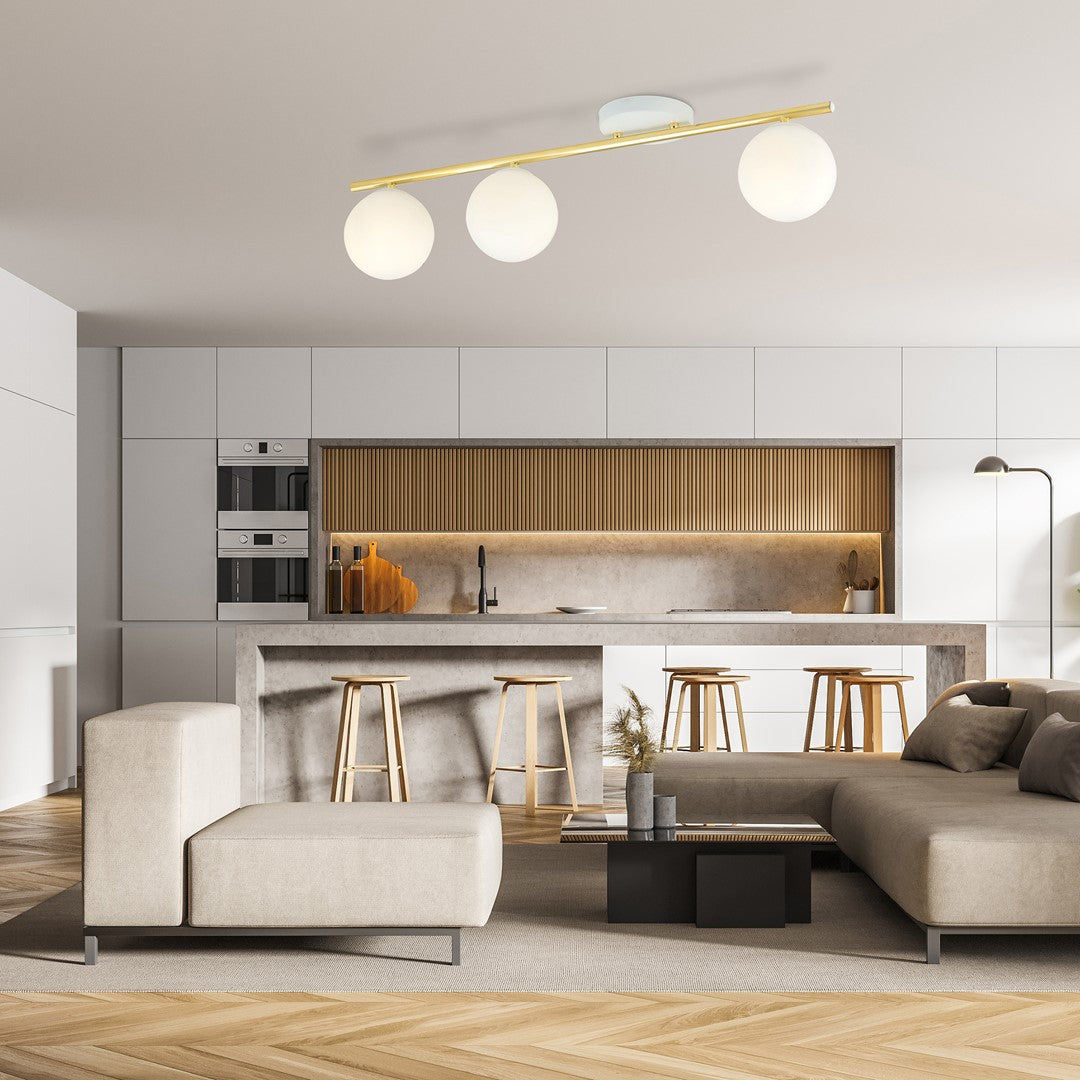 Plafondlamp Monza gepoedercoat staal en glas, wit en goud, 3 lichtpunten, E14 – 80 x 20 cm