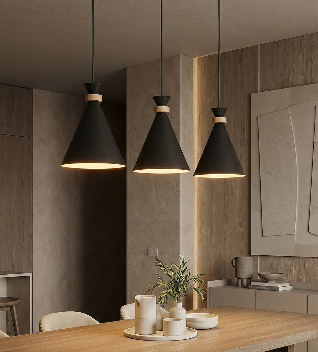 Hanglamp 3 lichts gepoedercoat staal en hout, Scandinavisch Zero, zwart, 78 cm, boven eettafel of keukeneiland
