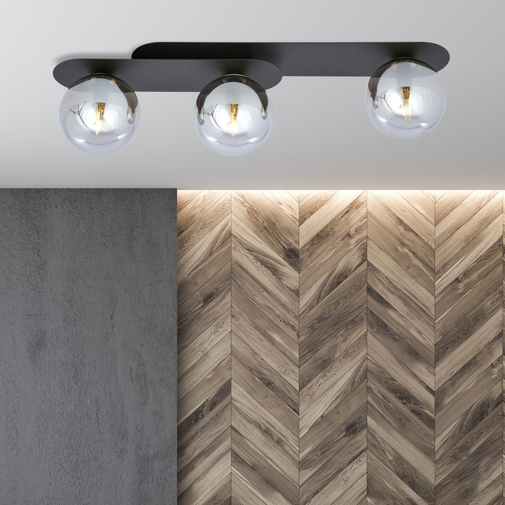 Plafondlamp gepoedercoat staal en glas Plaza, zwart met grafiet glazen kappen, 3 lichts, E14 – 70 x 18 cm