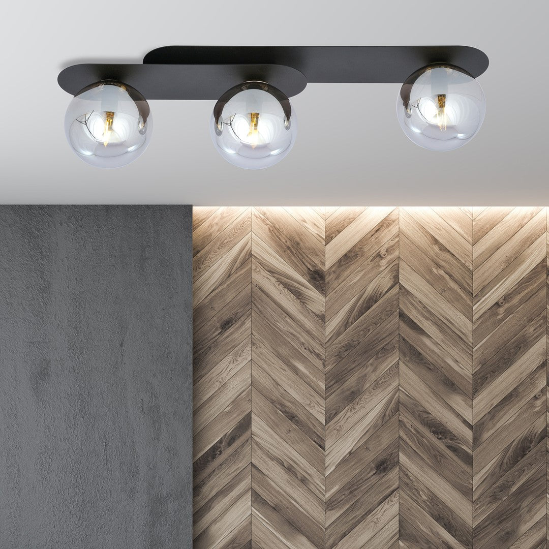 Plafondlamp gepoedercoat staal en glas Plaza, zwart met grafiet glazen kappen, 3 lichts, E14 – 70 x 18 cm