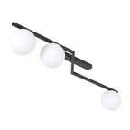 Plafondlamp gepoedercoat staal Naton modern zwart met 3 witte bolkappen, 100 x 32 x 20 cm, woonkamer, eetkamer en hal