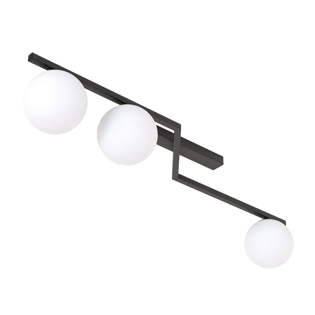Plafondlamp gepoedercoat staal Naton modern zwart met 3 witte bolkappen, 100 x 32 x 20 cm, woonkamer, eetkamer en hal