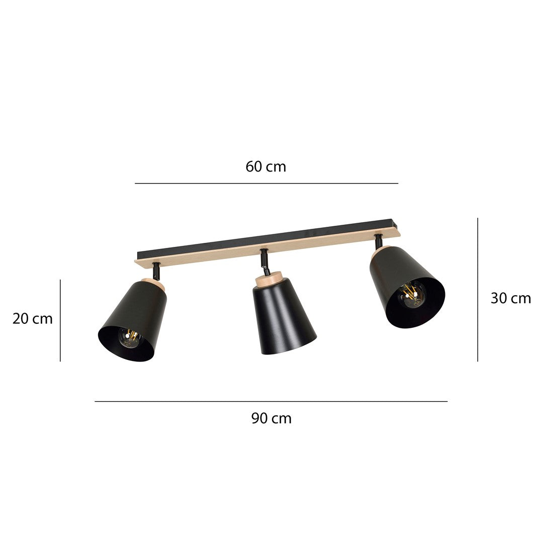 Plafondlamp 3 spots gepoedercoat staal en multiplex, Atlas Scandinavisch zwart, 3 x E27, woonkamer