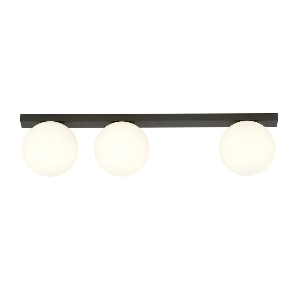 Plafondlamp gepoedercoat staal en glas Fit zwart met witte glazen kappen, 3 lichtpunten E14, 70 cm breed