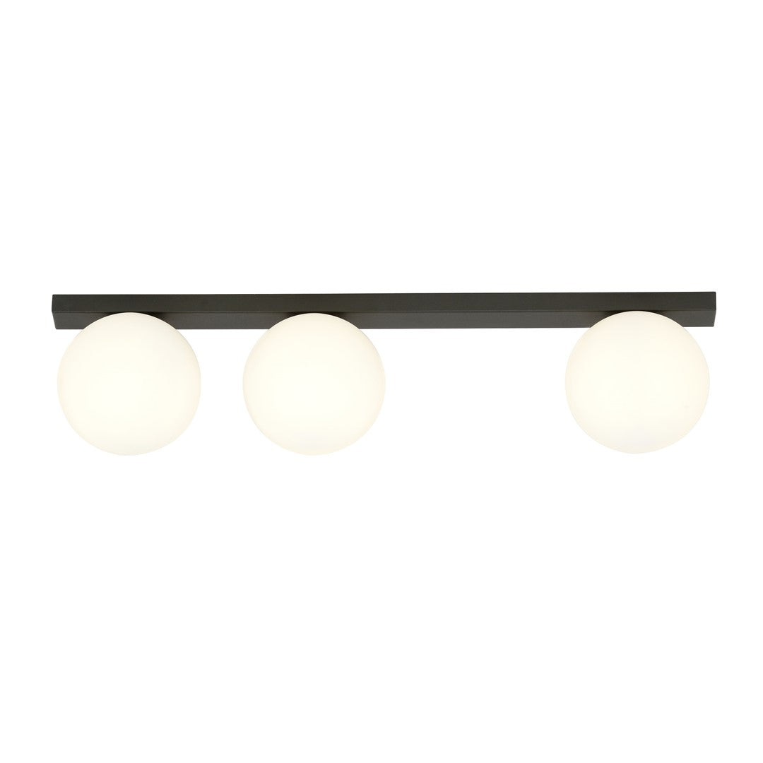 Plafondlamp gepoedercoat staal en glas Fit zwart met witte glazen kappen, 3 lichtpunten E14, 70 cm breed