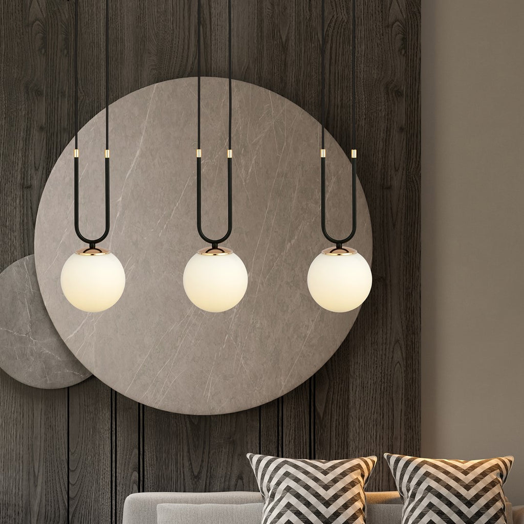 Hanglamp 3-lichts gepoedercoat staal en glas, retro Glam, zwart met witte glazen kappen Ø 15 cm, verstelbare hoogte