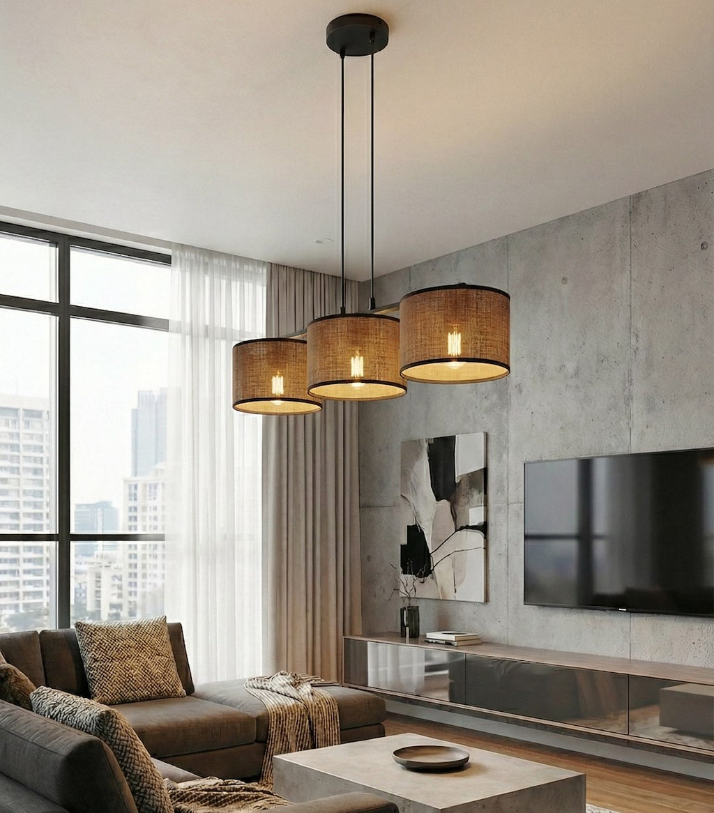 Hanglamp staal met stoffen kap Eco 3 lichts bruin zwart, 70 cm breed, eettafel en keukeneiland