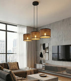 Hanglamp staal met stoffen kap Eco 3 lichts bruin zwart, 70 cm breed, eettafel en keukeneiland