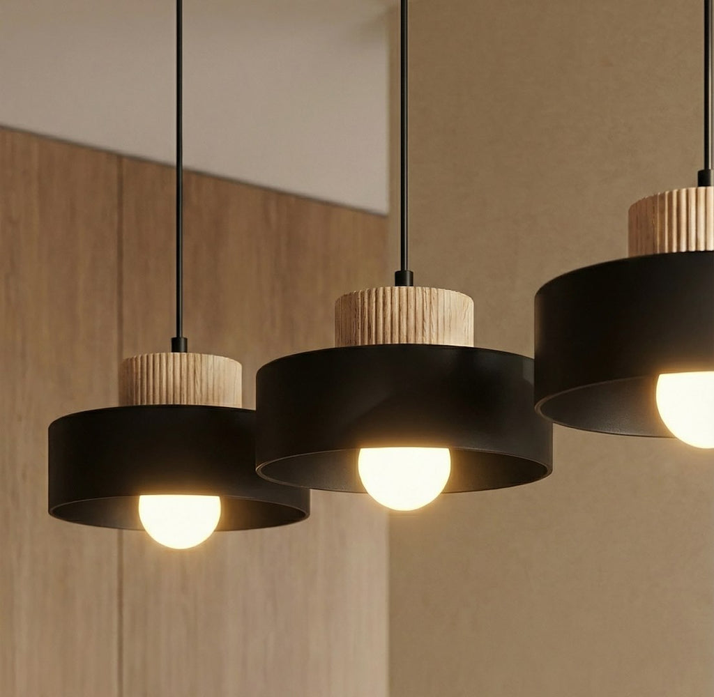 Hanglamp 3-lichts gepoedercoat staal met hout, Scandinavisch Kivi zwart 73 cm, verstelbare hoogte