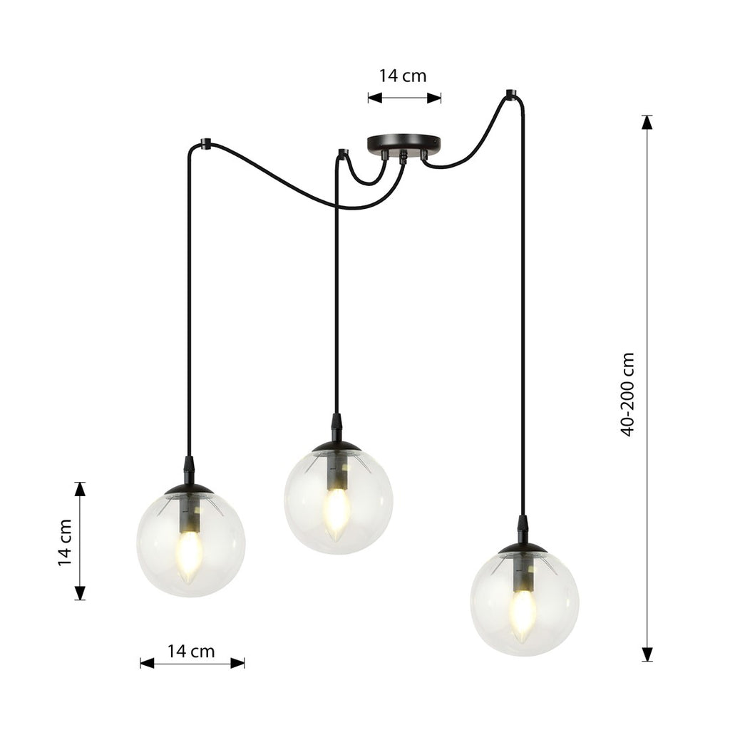 Hanglamp gepoedercoat staal en glas Gigi, zwart met transparante kappen, 3 lichtpunten, E14, in hoogte verstelbaar