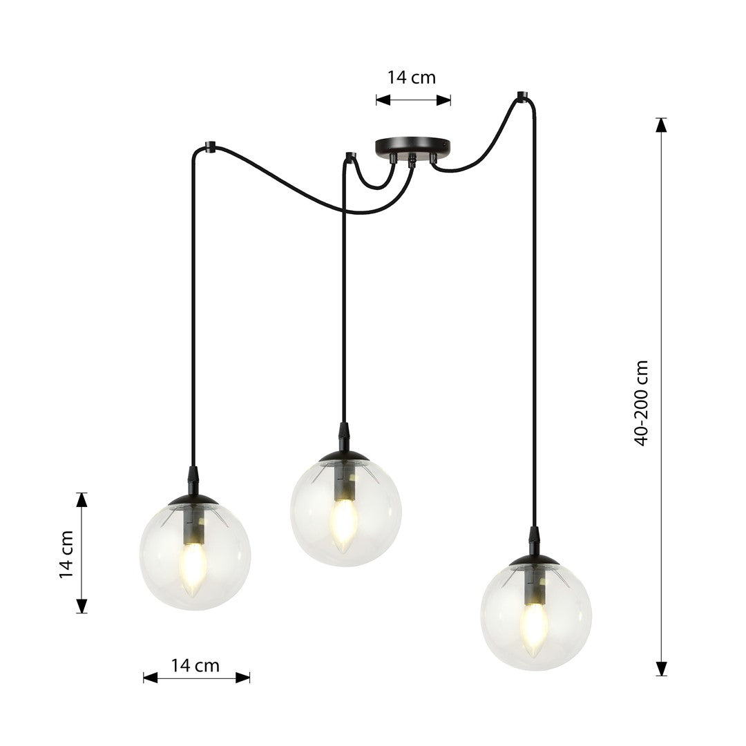 Hanglamp gepoedercoat staal en glas Gigi, zwart met transparante kappen, 3 lichtpunten, E14, in hoogte verstelbaar