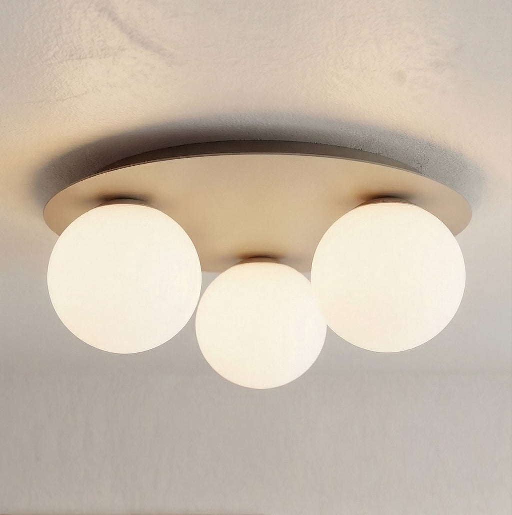 Plafondlamp Solar 3 gepoedercoat staal en glas, modern, beige met witte bollen Ø 14 cm, 3 lichtpunten E14
