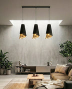 Hanglamp 3-lichts gepoedercoat staal met stoffen kap, Moda, zwart met goud, 95 cm, eettafel en woonkamer