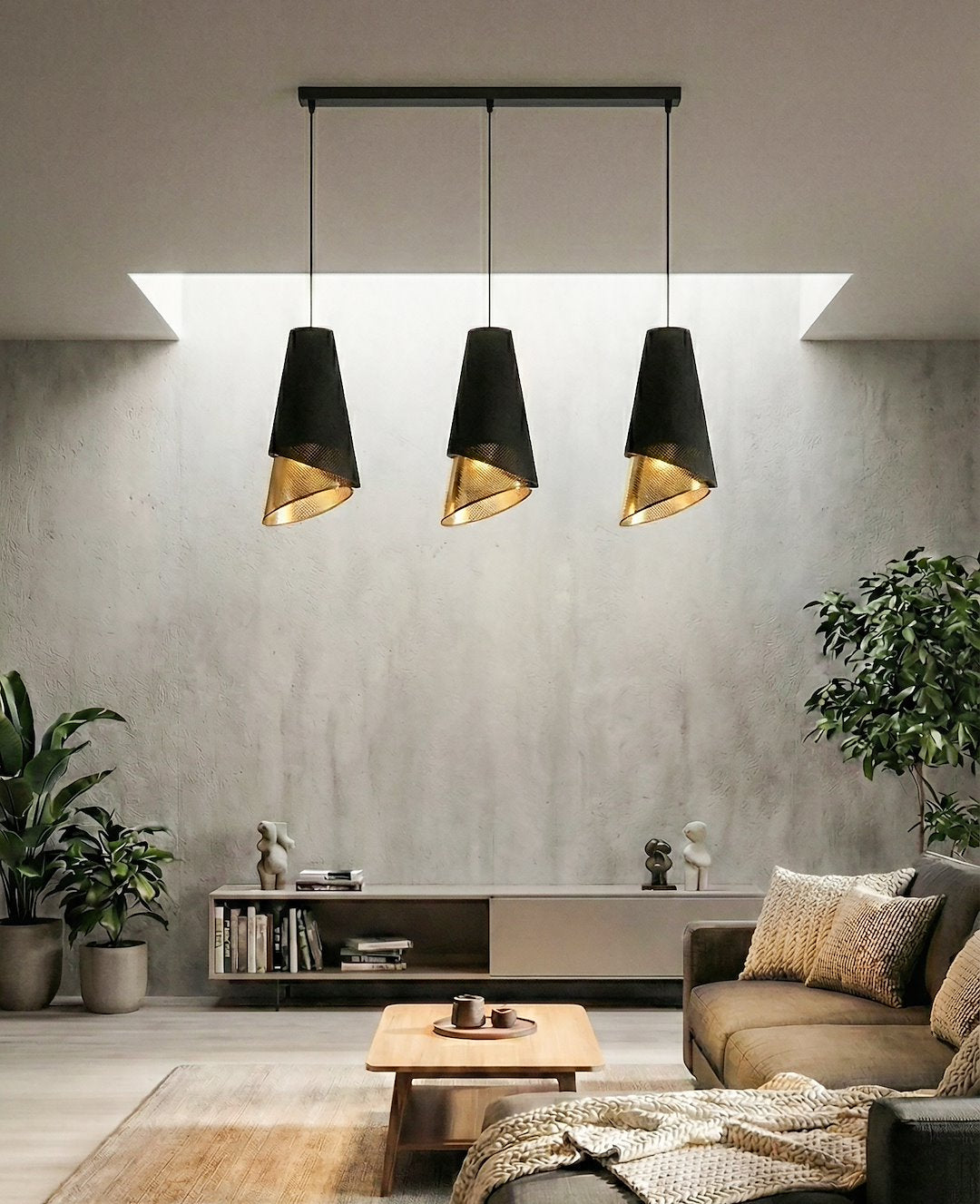 Hanglamp 3-lichts gepoedercoat staal met stoffen kap, Moda, zwart met goud, 95 cm, eettafel en woonkamer