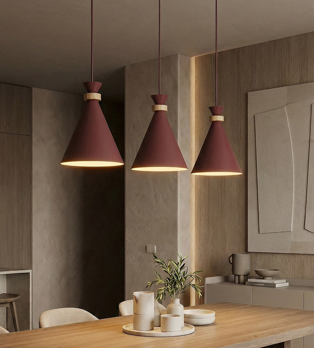Hanglamp 3-lichts gepoedercoat staal en hout, Scandinavisch Zero, bordeaux, 78 cm, boven eettafel of kookeiland