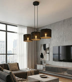 Hanglamp staal minimalistisch Eco, zwart met 3 stoffen kappen Ø 20 cm, 70 cm breed, voor eettafel en kookeiland