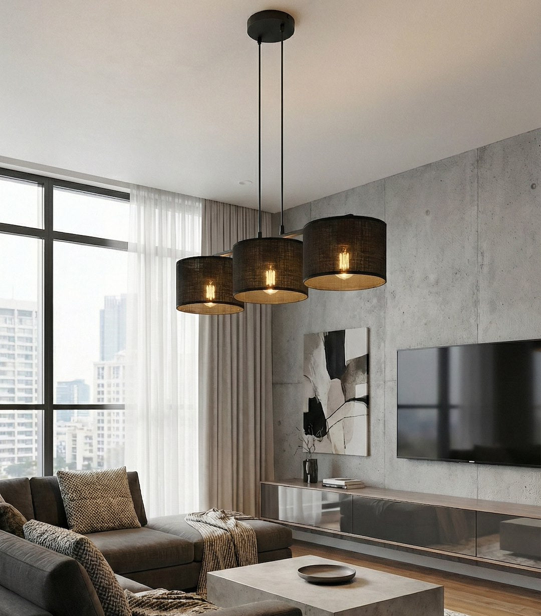 Hanglamp staal minimalistisch Eco, zwart met 3 stoffen kappen Ø 20 cm, 70 cm breed, voor eettafel en kookeiland