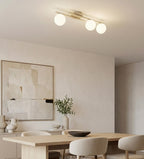 Plafondlamp gepoedercoat staal en glas Kairo, beige met witte glazen kappen, 3 lichts, 87 x 29 cm