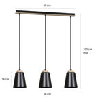 Hanglamp gepoedercoat staal en hout Bolero Scandinavisch zwart, 3 lichts, 66 x 100 cm voor woonkamer
