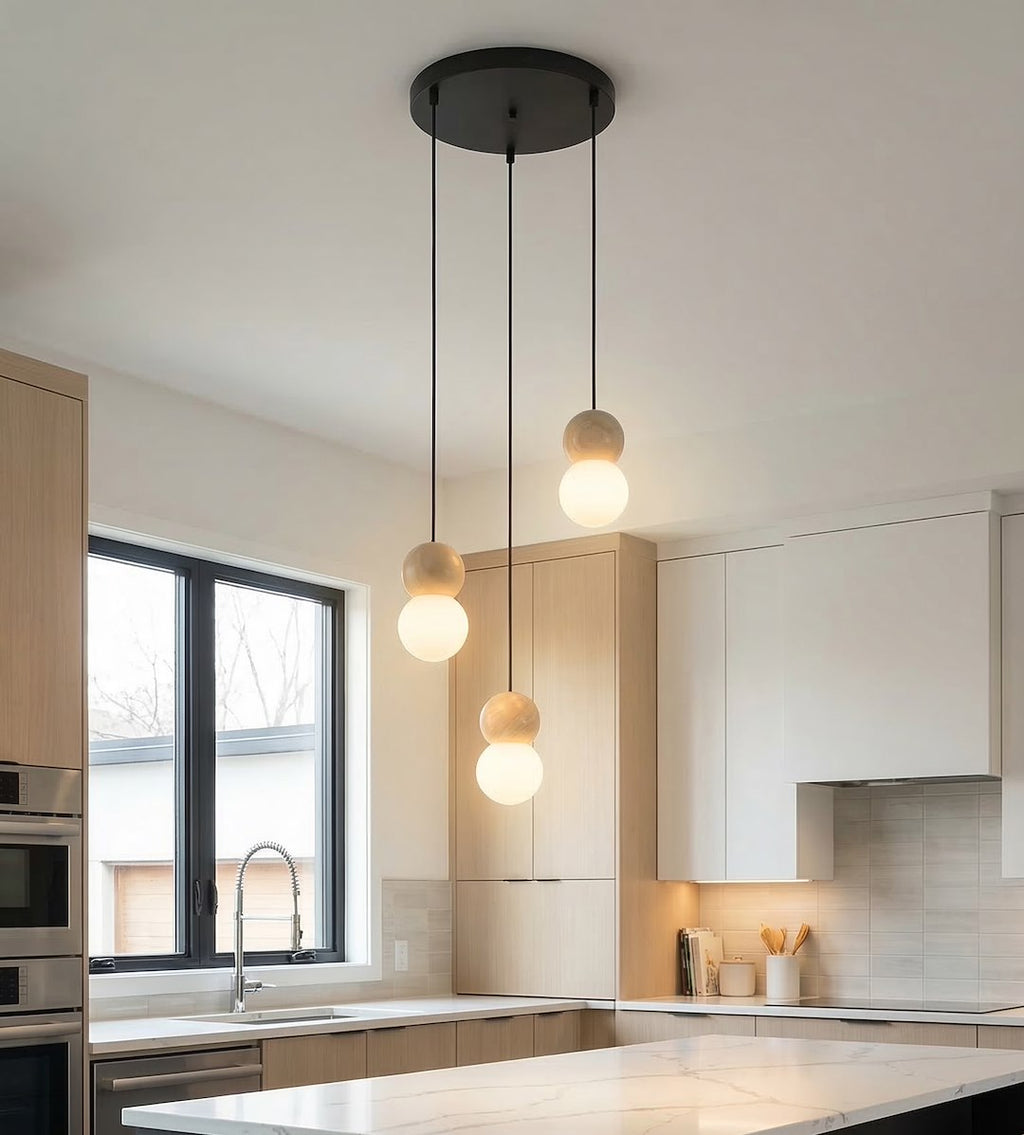 Hanglamp gepoedercoat staal en hout Loop, zwart met witte kap, 3 lichtpunten G9, Scandinavisch